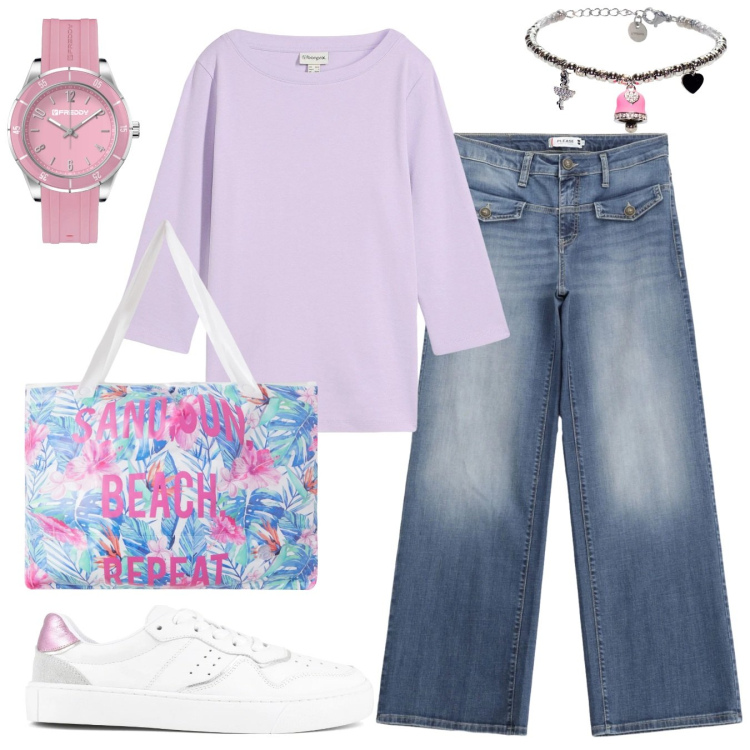Outfit donna - Pastello. Stile Casual chic per Tutti i giorni. Abbinamento con maglieria, borse tote, jeans, orologi, braccialetti, sneakers.