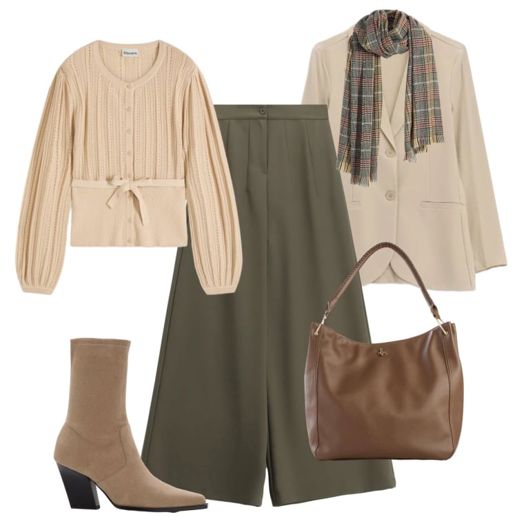 Outfit donna - Una maglia deliziosa. Stile Glamour per Ufficio. Abbinamento con stivaletti, sciarpe, maglieria, borse a tracolla, pantaloni a palazzo, blazer.