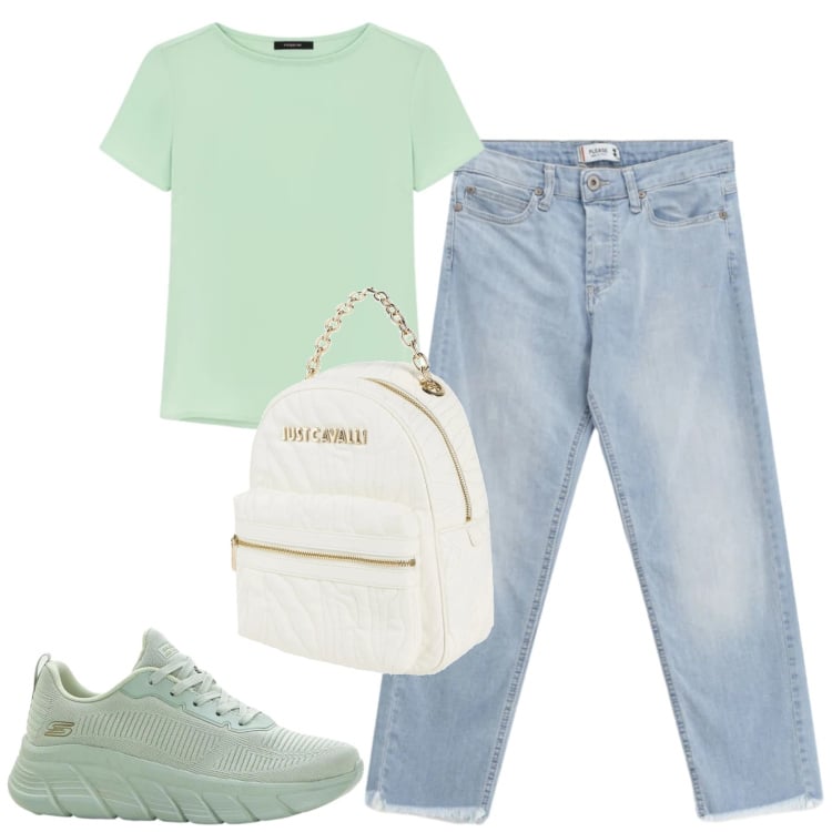Outfit donna - Marzo. Stile Casual per Tutti i giorni. Abbinamento con zaini, sneakers, jeans, bluse.