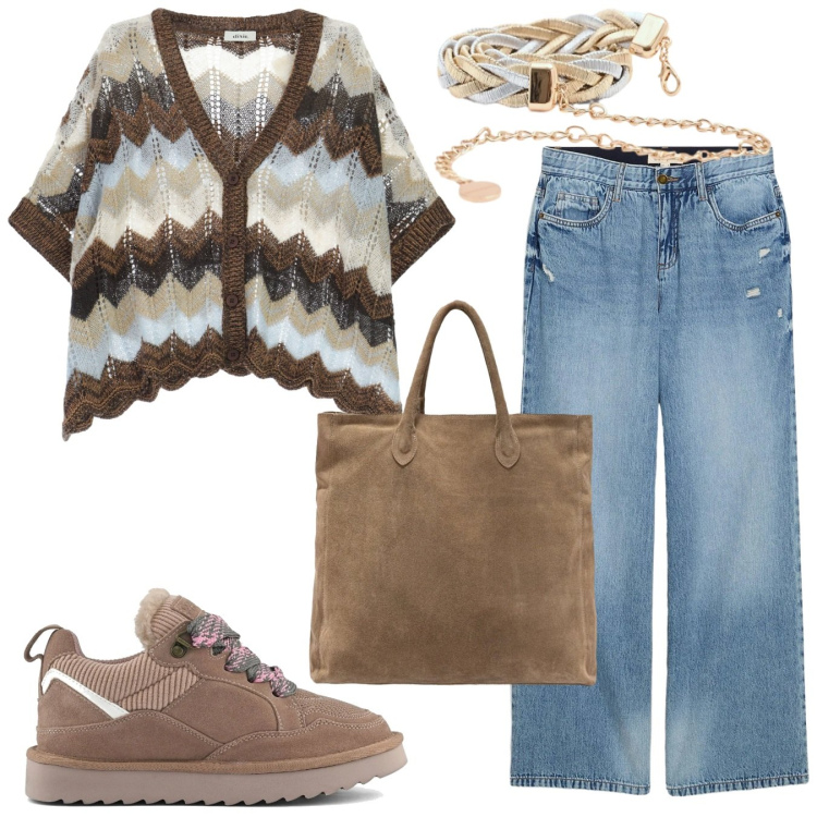 Outfit donna - Azzurro cielo. Stile Boho per Scuola/Università. Abbinamento con jeans, cardigans, cinture, borse a mano, sneakers alte.