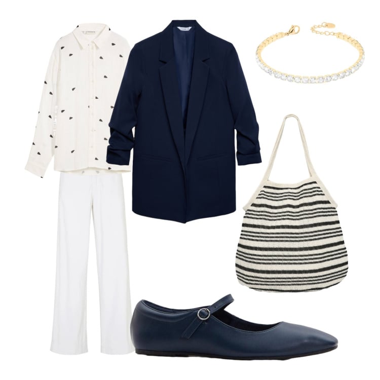Outfit donna - Pois e righe. Stile Basic per Tutti i giorni. Abbinamento con camicie, ballerine, jeans, blazer, shopping bag, braccialetti.