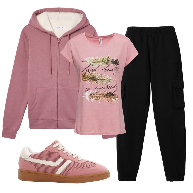 Outfit donna - Total look #2361703. Stile Casual per Sport. Abbinamento con t-shirt, sneakers, felpe con cappuccio, pantaloni.
