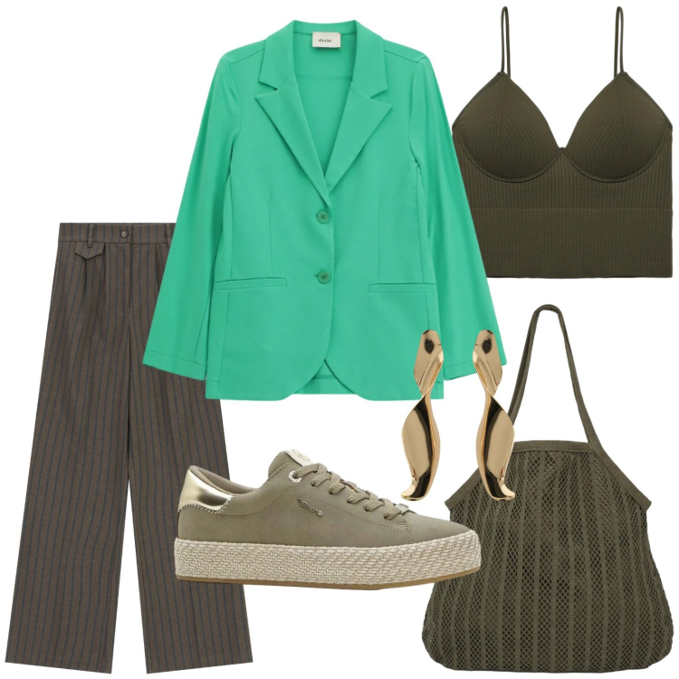 Outfit donna - Sfumature di verde. Stile Minimal per Tutti i giorni. Abbinamento con sneakers, shopping bag, top, pantaloni, orecchini, blazer.