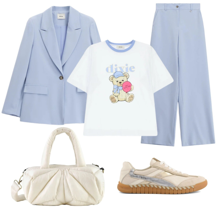 Outfit donna - Color pervinca. Stile Casual per Ufficio. Abbinamento con pantaloni a palazzo, blazer, t-shirt, borse a mano, sneakers.