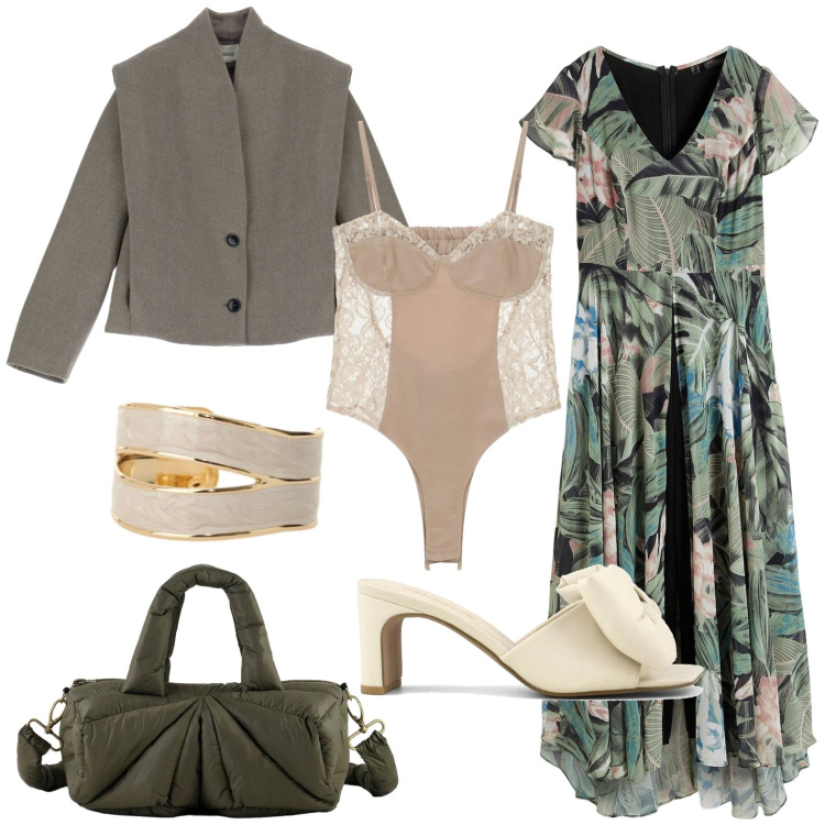 Outfit donna - Sfumature di verde. Stile Minimal per Tutti i giorni. Abbinamento con tute, body, blazer, anelli, borse a mano, sandali col tacco.