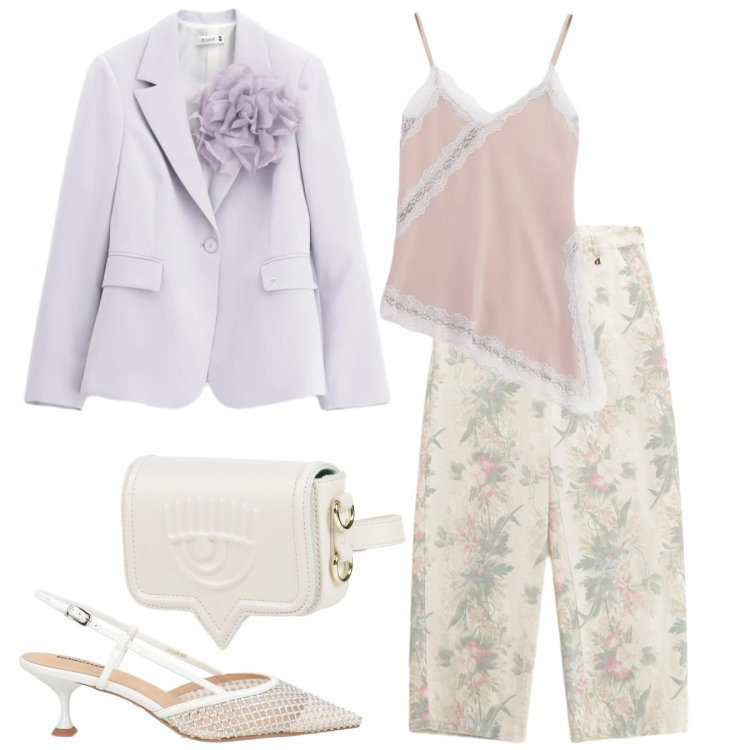Outfit donna - Battesimo di Giulia e Giacomo. Stile Romantica per Cerimonia. Abbinamento con marsupi, décolleté, canottiere, pantaloni a palazzo, blazer.