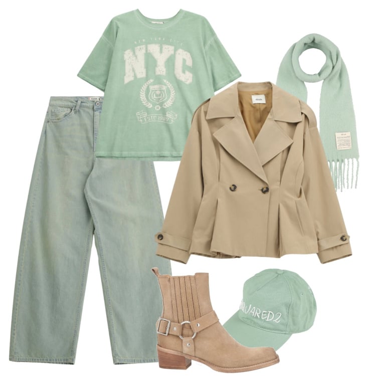 Outfit donna - Verde mélange - @antonellal. Stile Urban per Tutti i giorni. Abbinamento con sciarpe, cappelli con visiera, stivaletti texani, blazer, t-shirt, jeans.