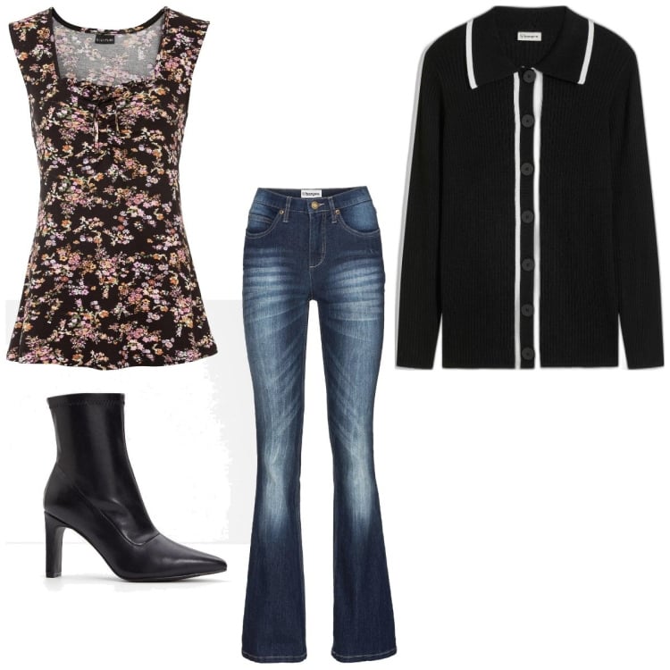 Outfit femme - Basique #1115. Style Basique pour Tous les jours. Assortir avec hauts, bottines, gilets, jean bootcut.