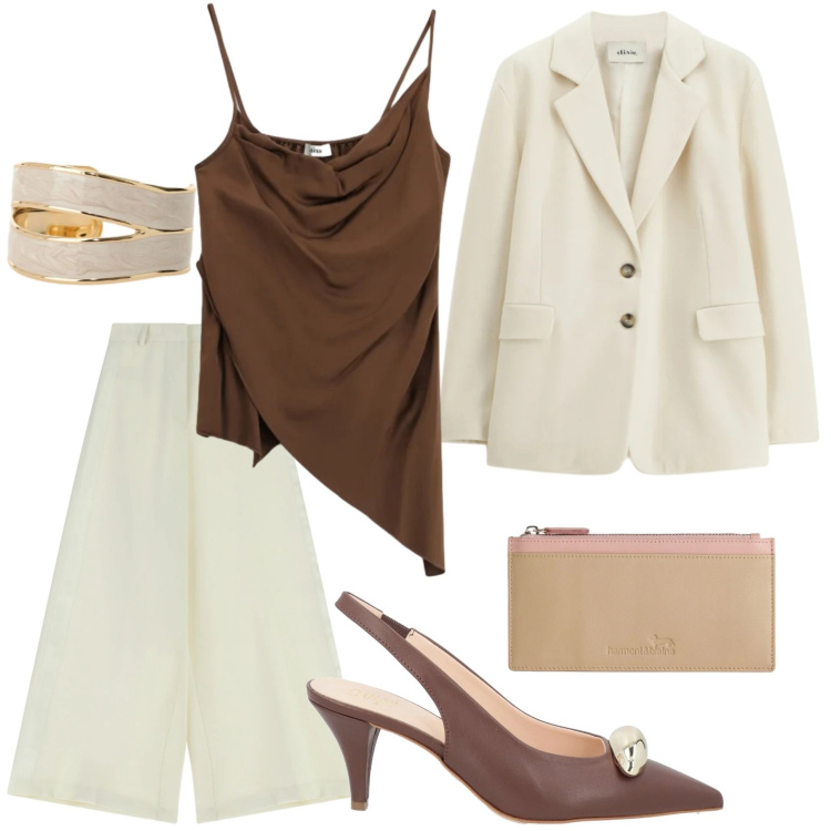 Outfit donna - Décolleté chic. Stile Minimal per Serata fuori. Abbinamento con décolleté, portafogli, pantaloni a palazzo, blazer, top, anelli.