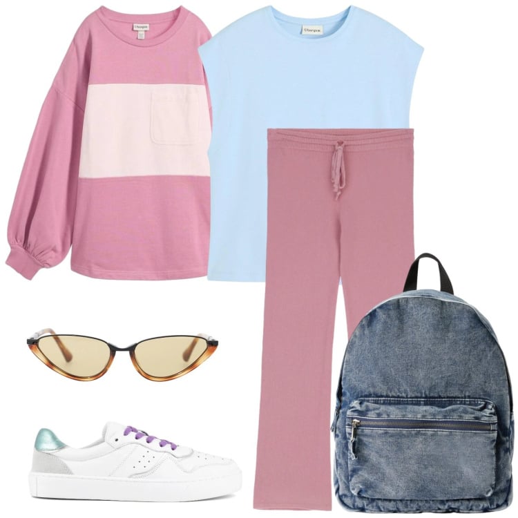Outfit donna - Colori pastello in palestra. Stile Sporty chic per Sport. Abbinamento con t-shirt, felpe, pantaloni a palazzo, occhiali da sole, zaini, sneakers.