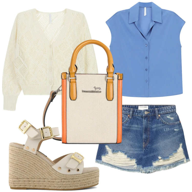 Outfit donna - Zeppe e jeans. Stile Minimal per Tutti i giorni. Abbinamento con borse tote, camicie a manica corta, cardigans, shorts, zeppe.