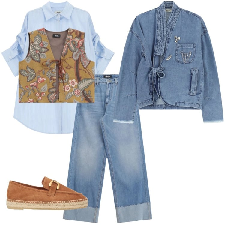 Outfit donna - Denim protagonista. Stile Casual chic per Tutti i giorni. Abbinamento con espadrillas, blazer, camicie, gilet, jeans.