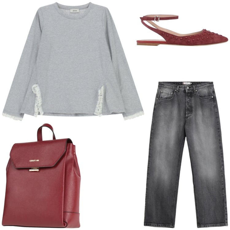Outfit donna - Casual elevato. Stile Casual chic per Ufficio. Abbinamento con ballerine, zaini, t-shirt, jeans.