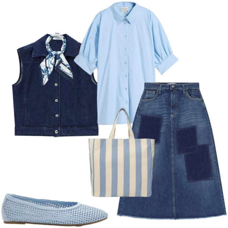 Outfit donna - Denim protagonista. Stile Casual chic per Tutti i giorni. Abbinamento con camicie, ballerine, shopping bag, foulard, gonne lunghe, gilet.