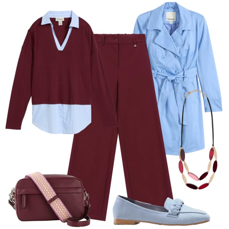 Outfit donna - Ufficio celeste e bordeaux - @pamela. Stile Casual chic per Ufficio. Abbinamento con trench, mocassini, borse a tracolla, maglieria, collane, pantaloni a palazzo.