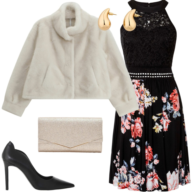 Outfit donna - Per una serata fuori. Stile Glamour per Serata fuori. Abbinamento con vestiti, orecchini, ecopellicce, décolleté, clutch.