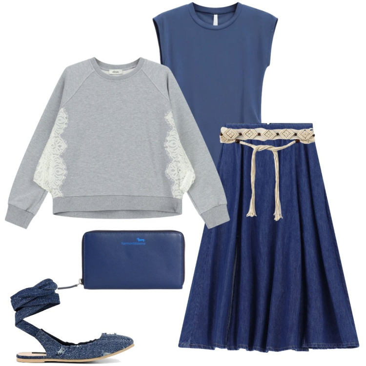 Outfit donna - Denim protagonista. Stile Casual per Tutti i giorni. Abbinamento con portafogli, t-shirt, cinture, felpe, gonne lunghe, ballerine.