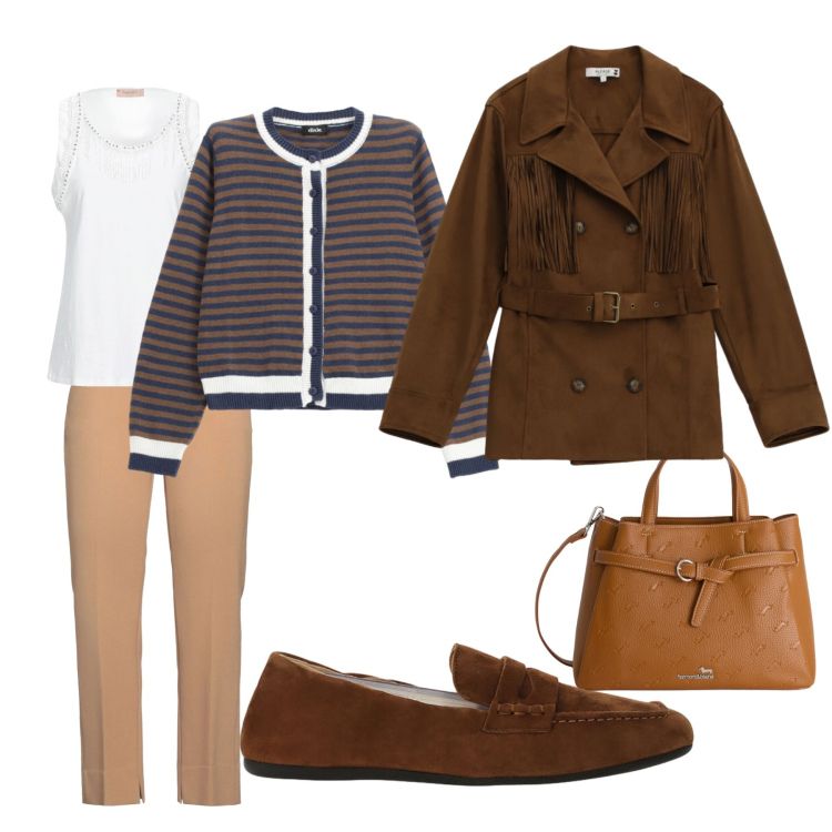 Outfit donna - Colori della terra. Stile Casual per Ufficio. Abbinamento con top, pantaloni, borse a mano, cardigans, mocassini, trench.