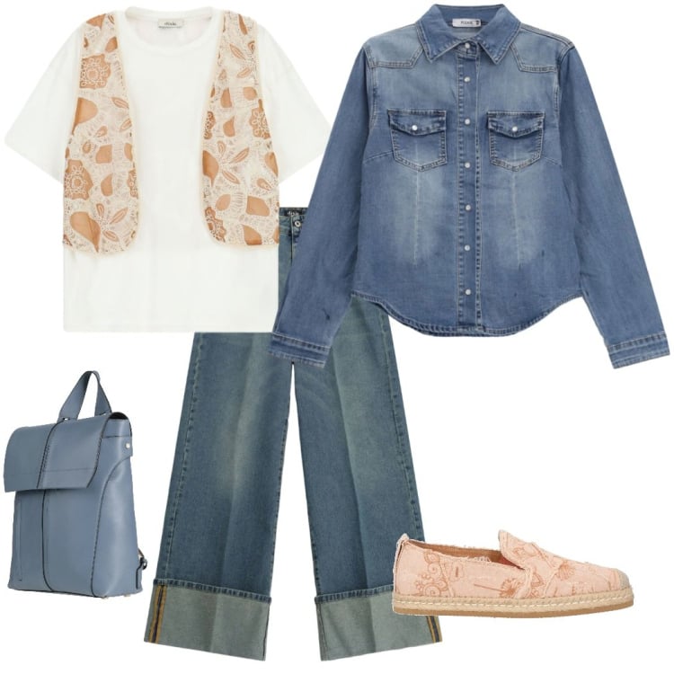 Outfit donna - Denim protagonista. Stile Casual chic per Tutti i giorni. Abbinamento con espadrillas, zaini, t-shirt, jeans, camicie.