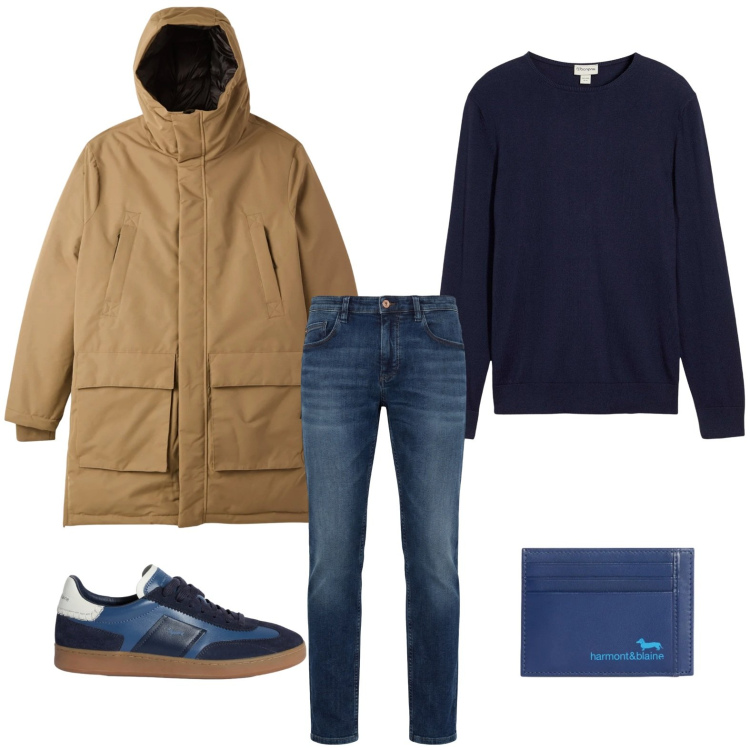 Outfit uomo - Un parka per tutti i giorni. Stile Casual per Tutti i giorni. Abbinamento con maglieria, sneakers, jeans, portafogli, parka.