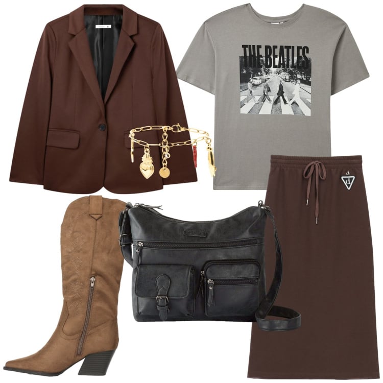 Outfit donna - Urban style. Stile Urban per Tutti i giorni. Abbinamento con borse a tracolla, t-shirt, stivali, blazer, gonne longuette, braccialetti.