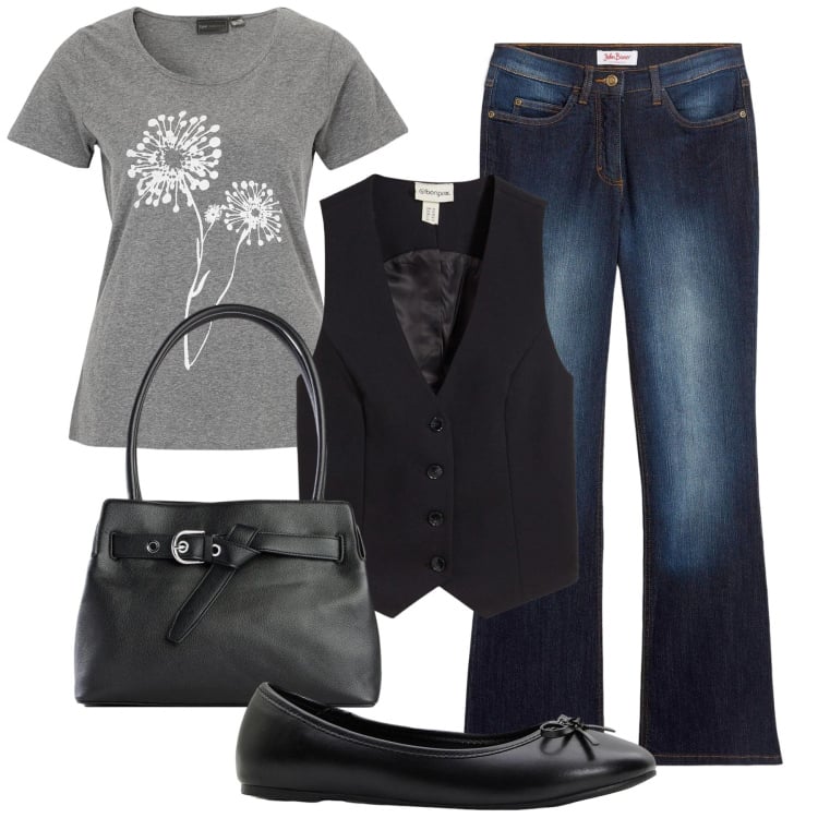 Outfit donna - Total look #2361773. Stile Boho per Tutti i giorni. Abbinamento con gilet, ballerine, jeans bootcut, t-shirt, borse a mano.