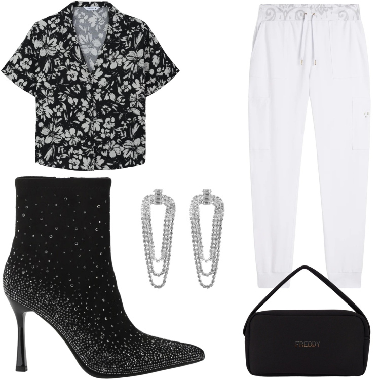 Outfit donna - Aperitivo glam. Stile Casual chic per Serata fuori. Abbinamento con camicie a manica corta, orecchini, stivaletti, pantaloni sportivi, borse a mano.