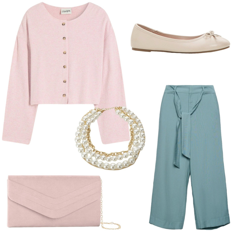 Outfit donna - Primavera in rosa e verde. Stile Romantica per Tutti i giorni. Abbinamento con pochette, ballerine, cardigans, pantaloni a palazzo, collane.