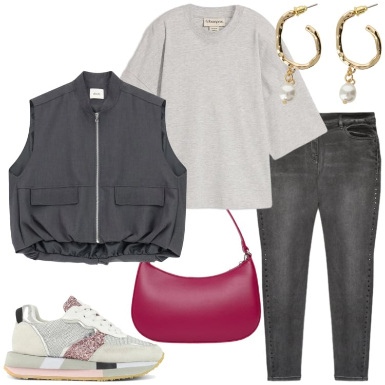 Outfit donna - Total look #2361777. Stile Casual per Tutti i giorni. Abbinamento con maglieria, borse a tracolla, jeans skinny, blazer, orecchini, sneakers.