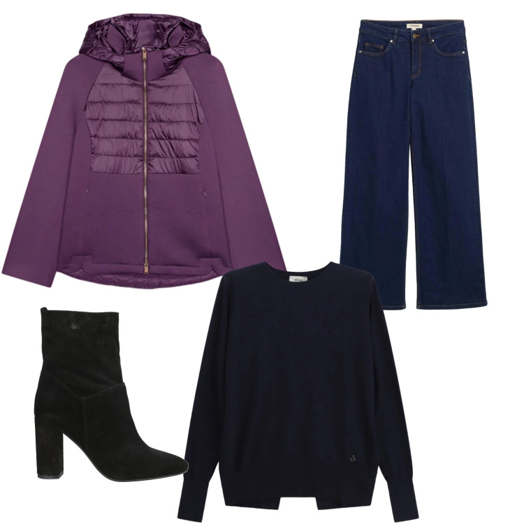 Outfit donna - Il piumino bimaterico. Stile Trendy per Tutti i giorni. Abbinamento con stivaletti, jeans dritti, piumini, maglieria.