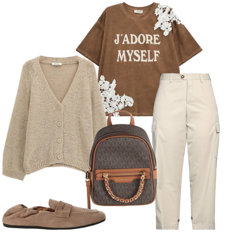 Outfit donna - Total look #2361786. Stile Casual per Ufficio. Abbinamento con zaini, pantaloni cargo, t-shirt, cardigans, mocassini.