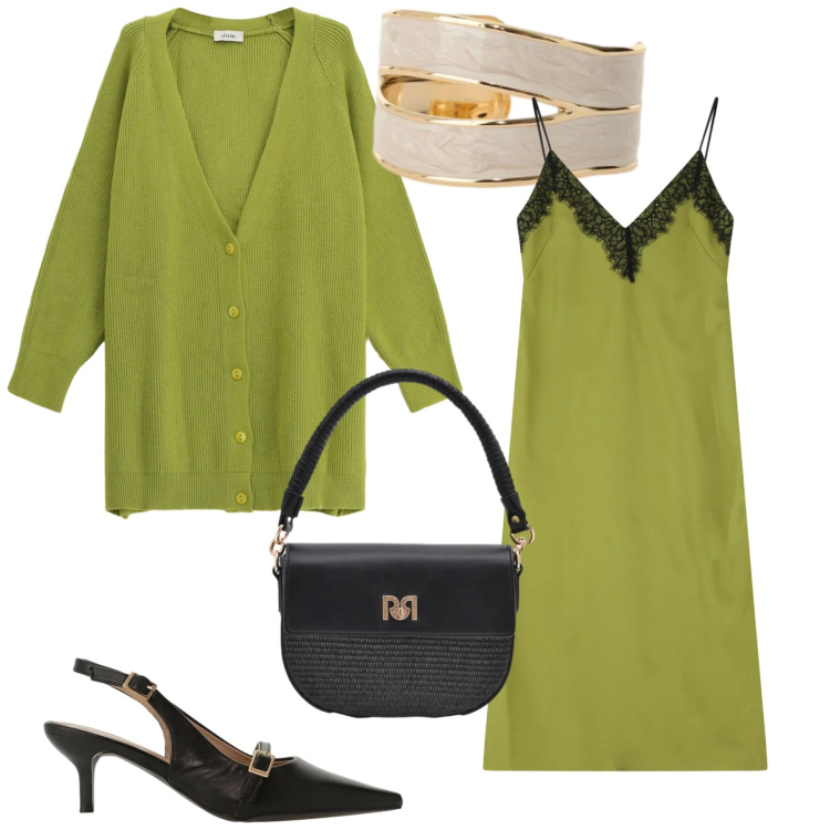 Outfit donna - Total look #2361792. Stile Glamour per Serata fuori. Abbinamento con vestiti midi/longuette, sandali col tacco, cardigans, anelli, borse a spalla.