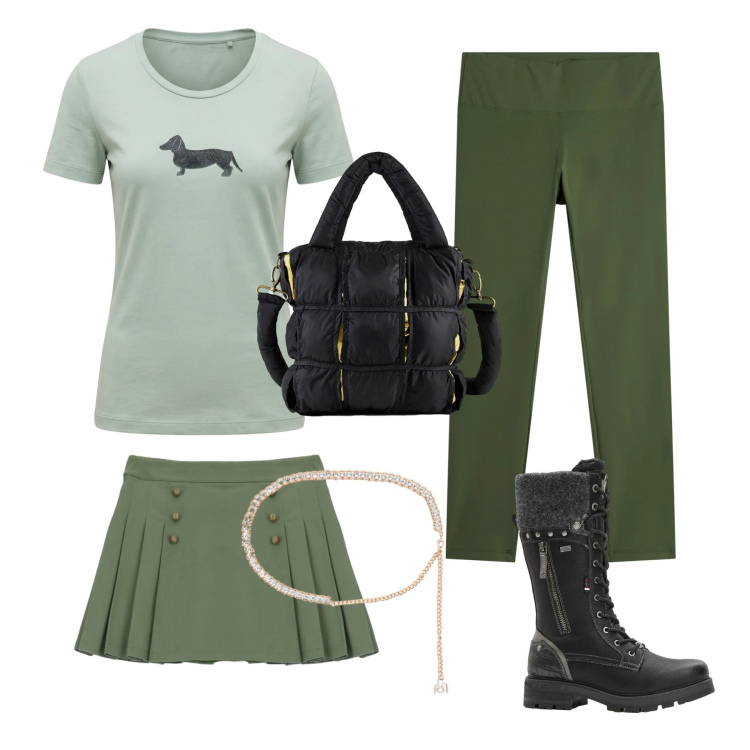 Outfit donna - Tono su tono. Stile Casual per Tutti i giorni. Abbinamento con stivali, t-shirt, minigonne, leggings, cinture, borse a mano.