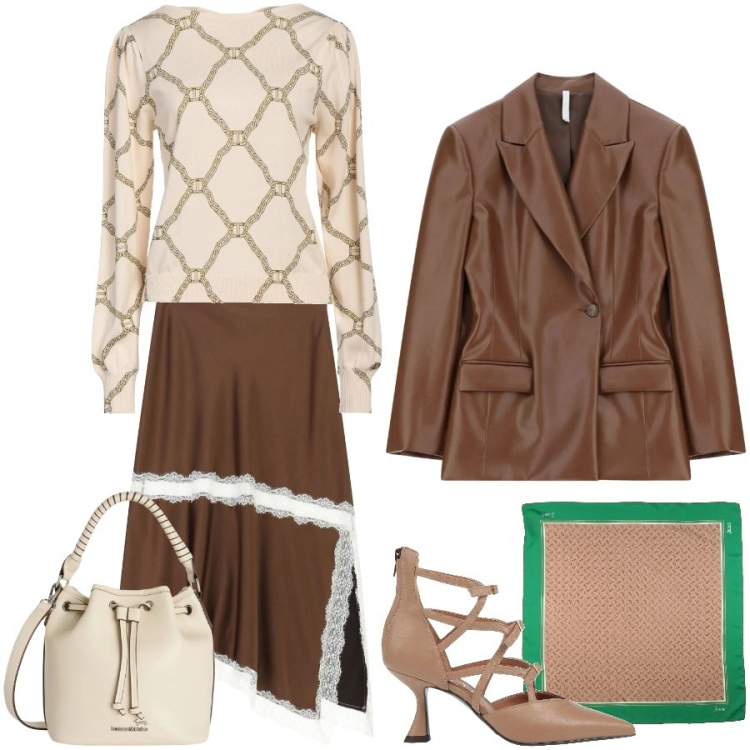Outfit donna - Total look #2361802. Stile Casual chic per Serata fuori. Abbinamento con décolleté, pullovers, sciarpe, borse a secchiello, gonne longuette, blazer.