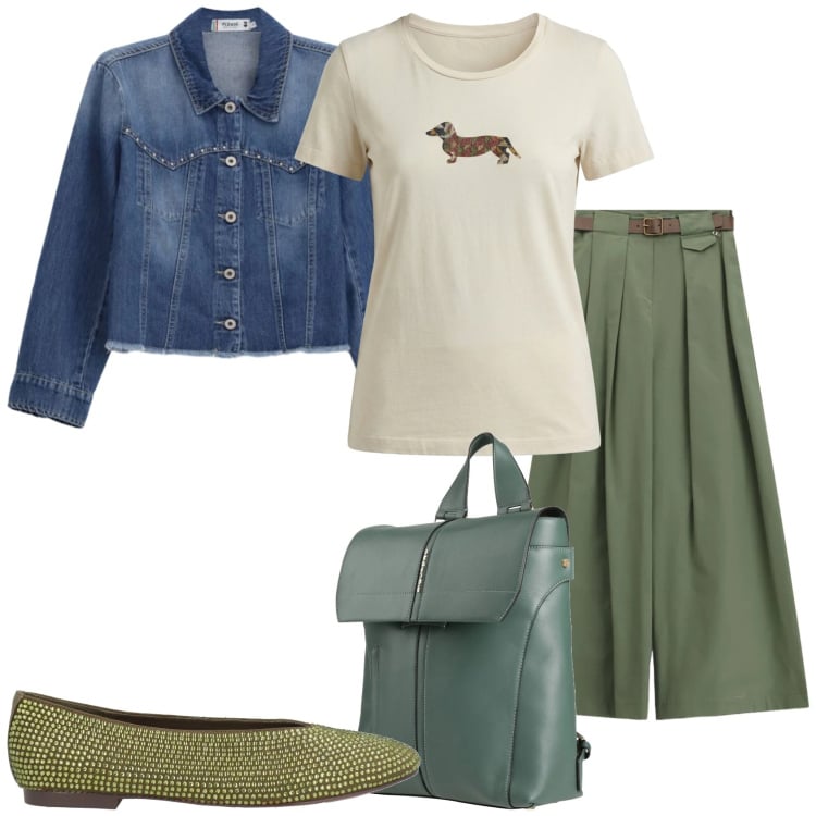 Outfit donna - Aprile che mi metto?. Stile Casual chic per Tutti i giorni. Abbinamento con zaini, ballerine, t-shirt, pantaloni a palazzo, blazer.