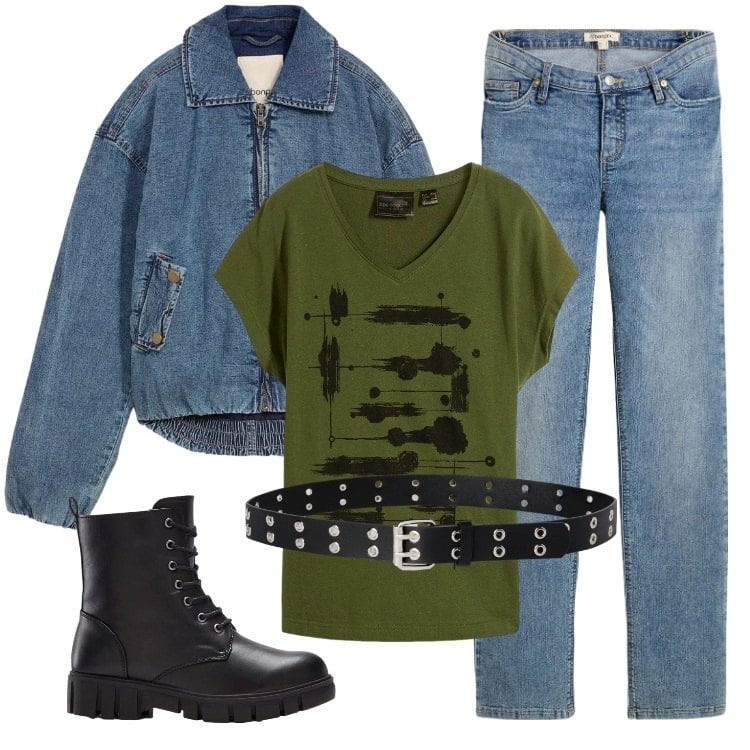 Outfit donna - Total look #2361806. Stile Rock per Tutti i giorni. Abbinamento con blazer, jeans dritti, t-shirt, anfibi, cinture.