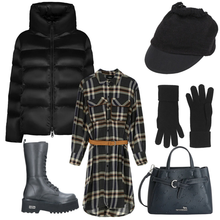 Outfit donna - Primavera freddina. Stile Preppy per Tutti i giorni. Abbinamento con guanti, stivali, cappelli con visiera, borse a mano, vestiti midi/longuette, piumini.