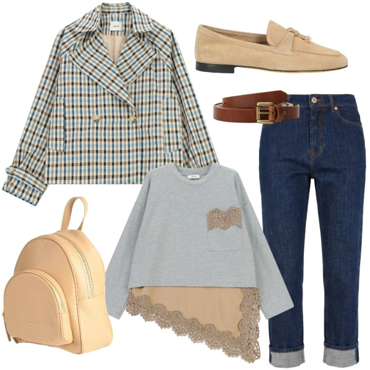 Outfit donna - Total look #2361809. Stile Casual chic per Tutti i giorni. Abbinamento con zaini, mocassini, jeans, top, cinture, giacche.