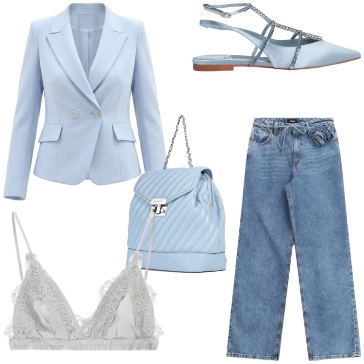 Outfit donna - Spring outfit ideas. Stile Casual chic per Tutti i giorni. Abbinamento con ballerine, zaini, top, jeans, blazer.