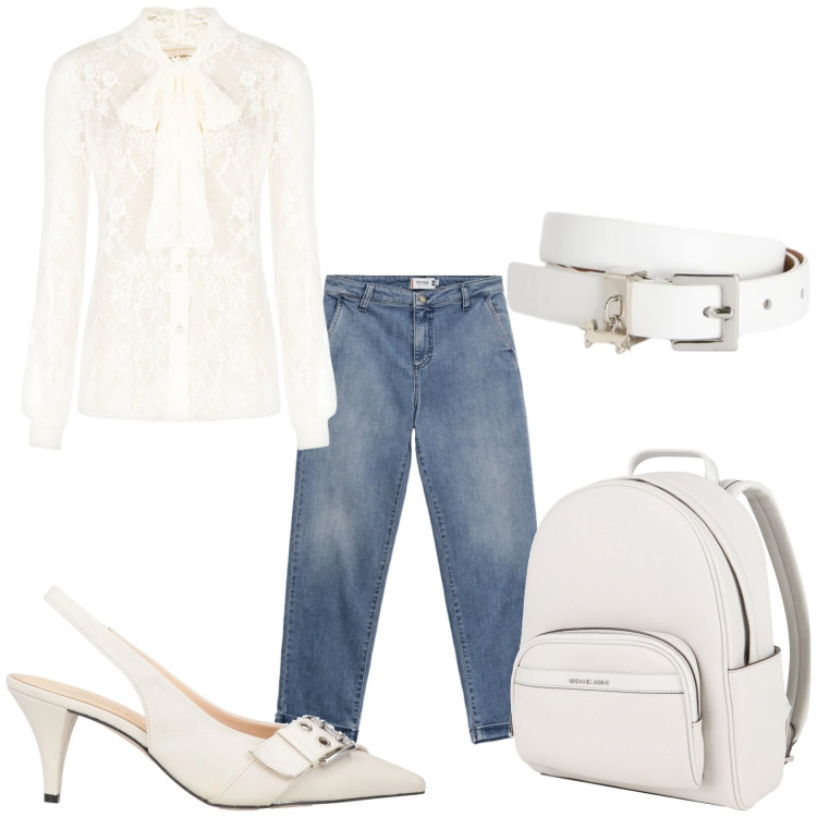 Outfit donna - Pizzo e jeans. Stile Glamour per Tutti i giorni. Abbinamento con zaini, décolleté, cinture, jeans, camicie.
