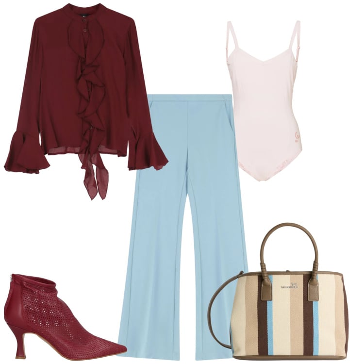 Outfit donna - Celeste e bordeaux. Stile Casual per Tutti i giorni. Abbinamento con stivaletti, shopping bag, pantaloni, camicie, body.