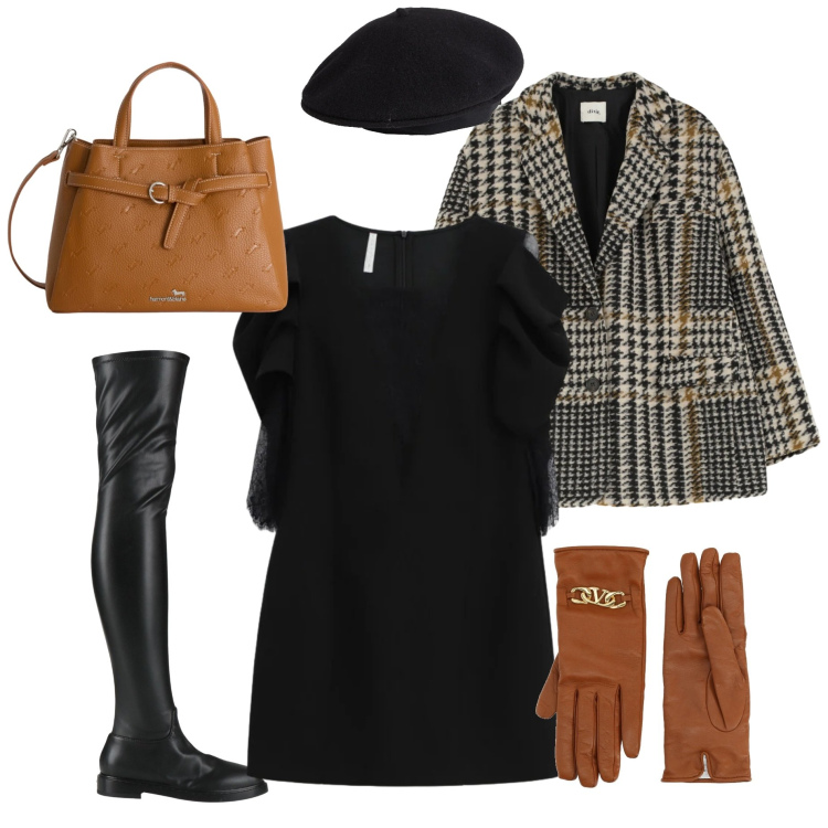 Outfit donna - Parisian noire - armocromia autunno. Stile Casual chic per Scuola/Università. Abbinamento con cappelli e berretti, guanti, stivali sopra il ginocchio, borse a mano, vestiti corti, blazer.