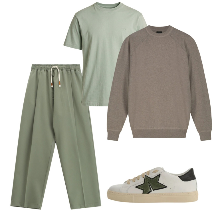 Outfit uomo - Marzo. Stile Casual per Tutti i giorni. Abbinamento con t-shirt, pantaloni, sneakers, maglieria.