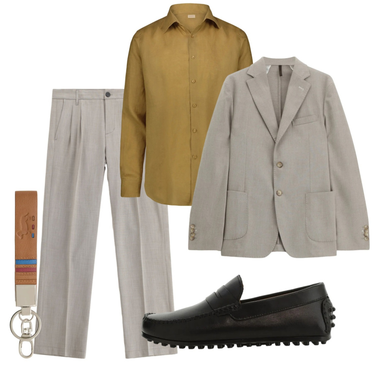 Outfit uomo - Primavera. Stile Casual per Tutti i giorni. Abbinamento con portachiavi, giacche, pantaloni, scarpe stringate, camicie.