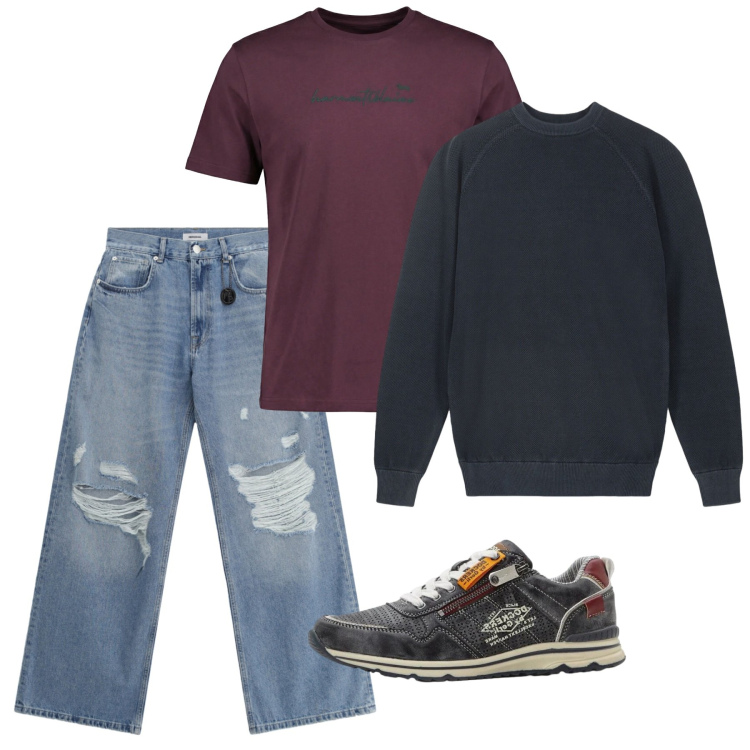 Outfit uomo - Urban Spring. Stile Casual per Tutti i giorni. Abbinamento con sneakers, t-shirt, jeans strappati, maglieria.