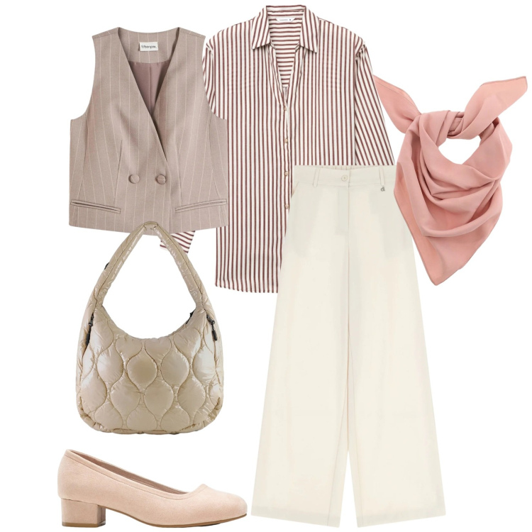 Outfit donna - Total look #2361830. Stile Bon Ton per Ufficio. Abbinamento con décolleté, gilet, camicie, pantaloni a palazzo, foulard, borse tote.