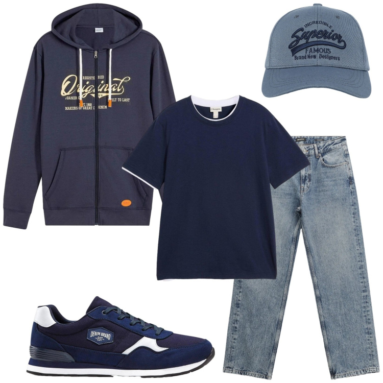 Outfit uomo - Total look #2361843. Stile Urban per Tutti i giorni. Abbinamento con sneakers, felpe con cappuccio, t-shirt, cappelli con visiera, jeans dritti.