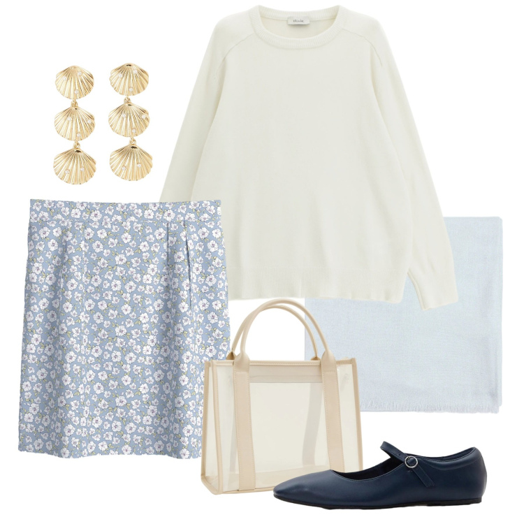 Outfit donna - Vera Primavera. Stile Bon Ton per Tutti i giorni. Abbinamento con minigonne, ballerine, borse tote, orecchini, pullovers, sciarpe.