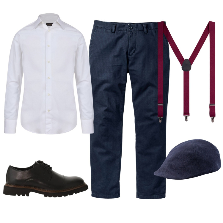 Outfit uomo - The Braces Look. Stile Trendy per Serata speciale. Abbinamento con pantaloni chino, scarpe stringate, camicie, bretelle, cappelli con visiera.