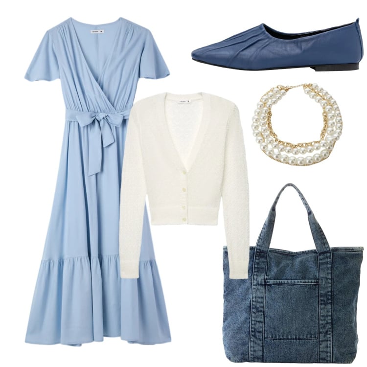 Outfit donna - Abiti che si muovono con te. Stile Preppy per Tutti i giorni. Abbinamento con shopping bag, cardigans, vestiti lunghi, collane, ballerine.